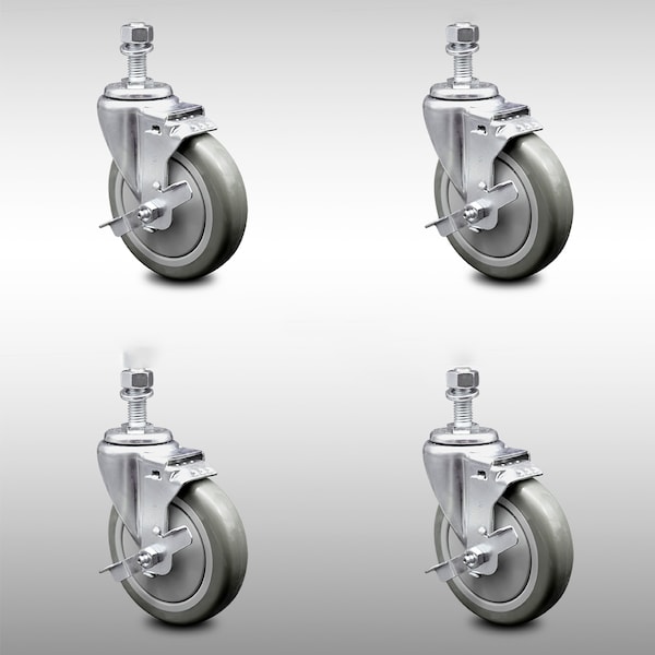 Service Caster 5 Inch SS Gray Polyurethane Wheel Swivel 1/2 Inch Threaded Stem Caster Set Brake SCC-SSTS20S514-PPUB-TLB-121315-4 - main